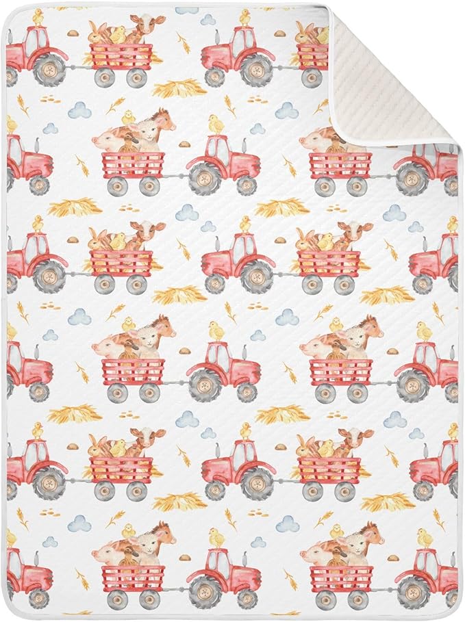 Ollabaky Animals Red Tractor Baby Blanket for Boys Girls Cotton Throw Blanket Swaddle Blanket for Crib Stroller Nursery Receiving Blanket Infant Toddler Unisex 30"x40"