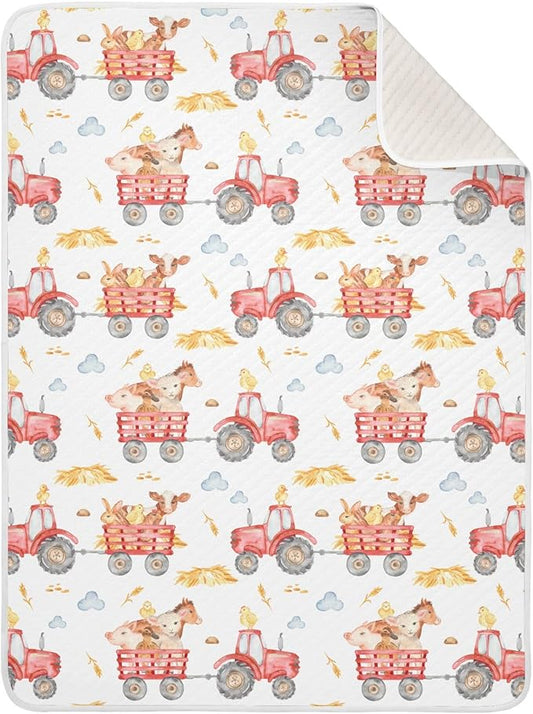 Ollabaky Animals Red Tractor Baby Blanket for Boys Girls Cotton Throw Blanket Swaddle Blanket for Crib Stroller Nursery Receiving Blanket Infant Toddler Unisex 30"x40"