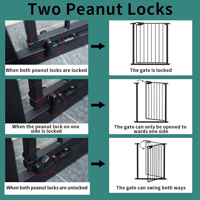 ALLAIBB Triple Lock Extra Wide Baby Gate Pressure Mounted Walk Through Safe Auto Close Black Metal Dog Pet Puppy Cat for Stairs,Doorways,Kitchen 49.21-66.54"