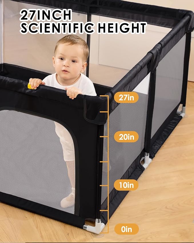 Upgraded Dearlomum Baby Playard, 50"x50" Baby Playpen with Gate, Anti-Slip Thick Base & Soft Mesh Sides, Indoor & Outdoor Activity Center for Toddlers (Black)