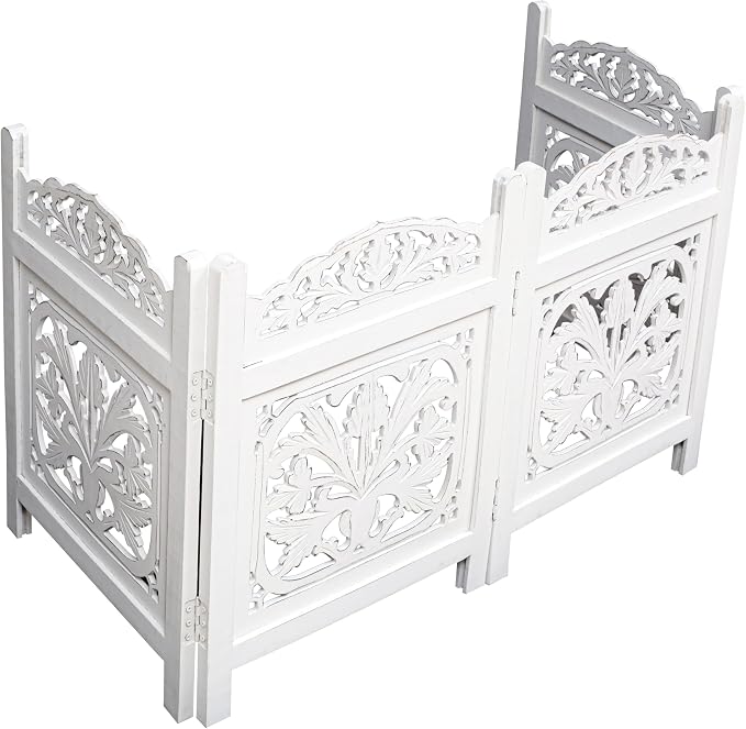 Free Standing Dog Gate – 4 Panel Foldable Wooden pet gate Indoor 72" W x 24" H, Hand-Carved Solid Wood & MDF, Portable Indoor Gate for Doorways, Halls, Stairs – Fully Assembled, White Finish