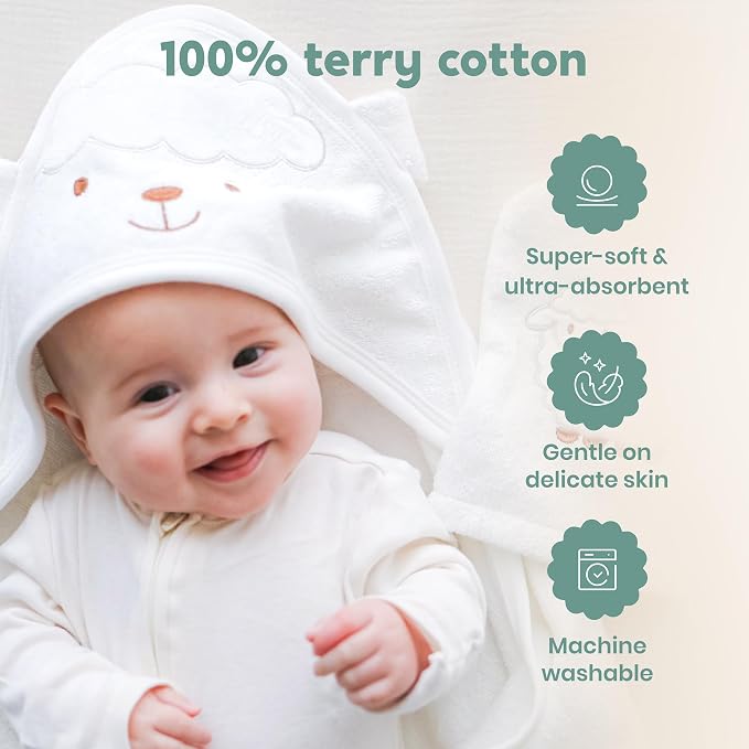 CuddleBug Hooded Baby Bath Towel & Washcloth Set (Bear) - 100% Cotton Terrycloth Hooded Baby Towels for Newborn & Toddler - Super-Soft & Absorbent, Newborn Essentials (33" x 33") - White Lamb