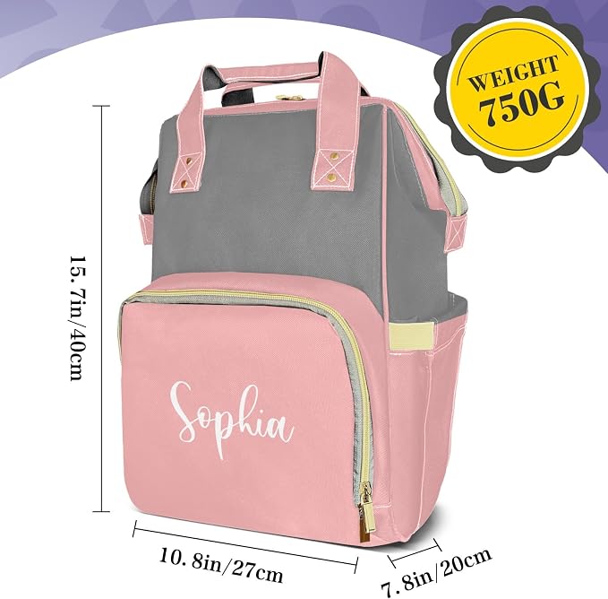 Custom Diaper Bag with Name Personalized Multifunctional Mommy Backpack for Daughter Granddaughter, Pink Daypack Bag for Travel