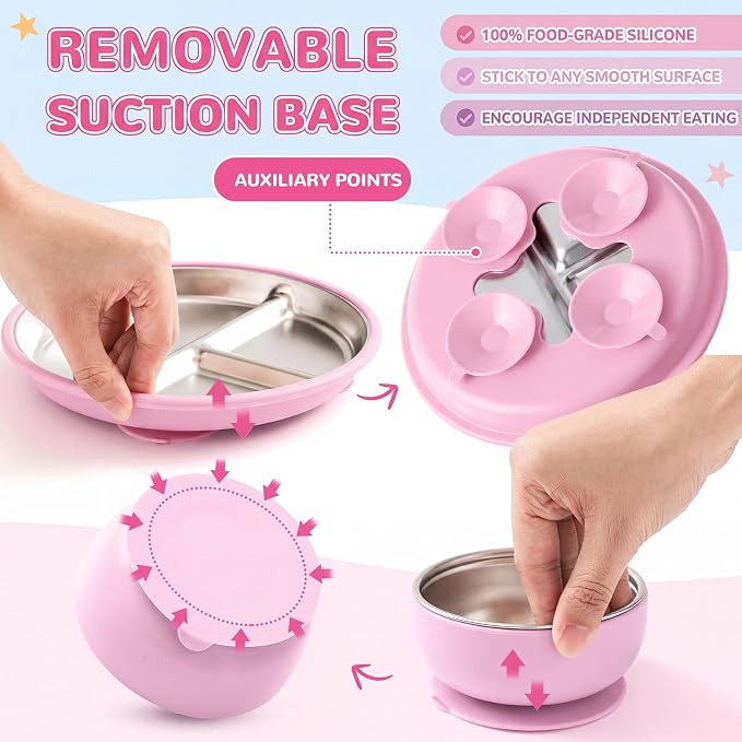 Havawish 4 Pcs Stainless Steel Baby Plate and Bowl with Suction, 8.3" Kid Divided Plate 4" Toddler Bowl with Removable Silicone, BPA-free Non-slip Baby Feed Set Dishwasher Safe for Boy Girl (Violet)