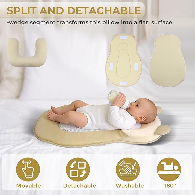 Baby Feeding Pillow, Anti Overflow Feeding Pillow for Reducing Spit-Up, Safety Nursing Pillow, Baby Lounger Reflux Wedge Breastfeeding, Removable top and Bottom