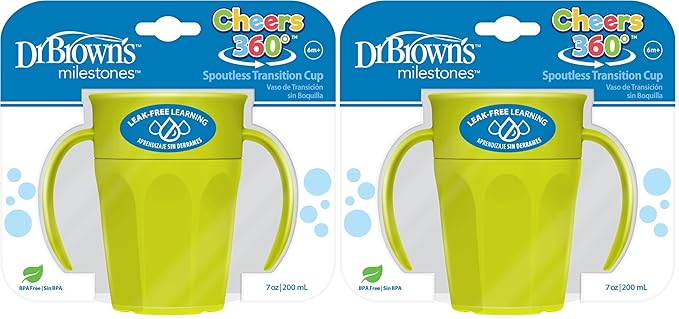 Dr. Brown's Milestones Cheers 360 Cup Spoutless Transition Cup with Handles for Easy Grip and Leak-Free Learning, 7 oz/200 mL, 6m+ (Pack of 2)