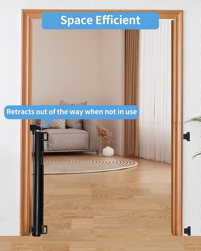 Retractable Baby Gate for Stairs – 33” Height, Expands up to 55” Width – Safety Gate for Infants, Toddlers, Dogs & Pets – Easy Install, Secure Closure, Black Mesh Design for Indoor & Outdoor Use