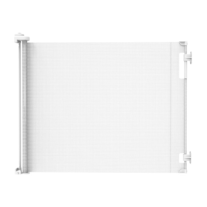 Retractable Baby Gate Perma Child Safety 33" Tall x 71??Wide, Mesh, for Stairs, Doorways, Dogs, Pets, Indoor, Outdoor, One-Handed Operation, Locking, Easy Install, Hardware Mount, White