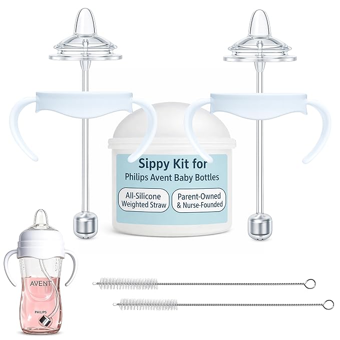 Sippy Cup Conversion Kit for Philips Avent Natural Baby Bottles 2-Count, Food Grade Silicone Spout Nipples and Weighted Straw, Bottle Handles, Cleaning Brush, BPA-Free, Straw Transition, 4+ Months