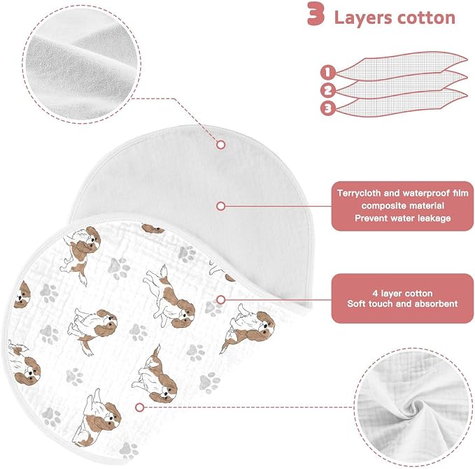 4 Pack Muslin Burp Cloths Cavalier Dogs Paw White Cotton Baby Burp Cloths Ultra Absorbent Burping Cloth Soft Spit Up Rags for Newborn Babies Boys Girls 22x11 Inch