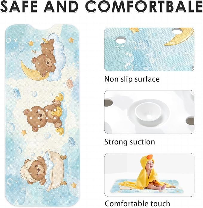 Teddy Bear Cute Bathtub Shower Mat Blue Baby Non-Slip Tub Extra Long Bath Floor 40X16 Inch Machine Washable for Bathroom Tub Bath Mat for Toddler and Baby