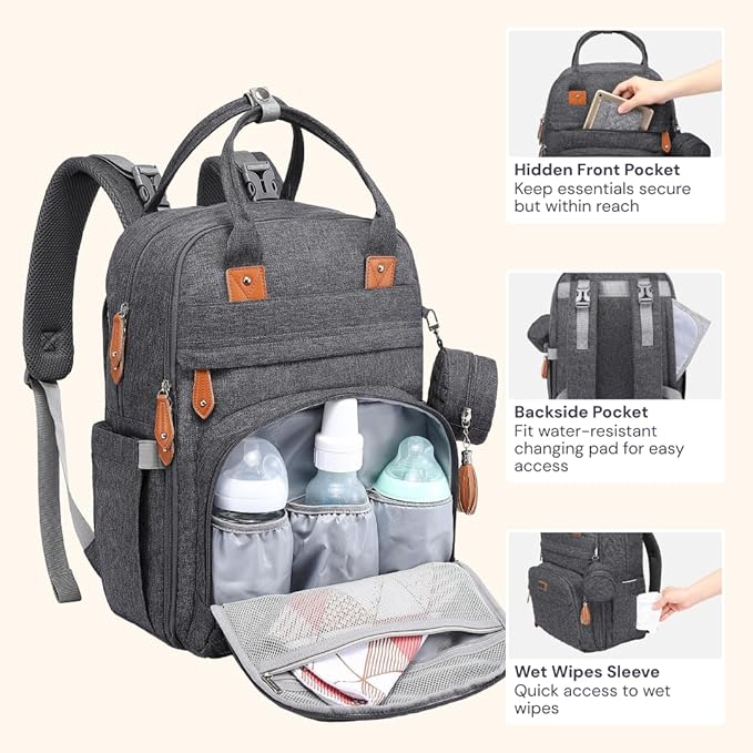 BabbleRoo Diaper Bag Backpack - Baby Essentials Travel Tote - Multi Function Water Resistant Diaper Bag, Travel Essentials Baby Bag with Changing Pad, Stroller Straps & Pacifier Case - Dark Gray