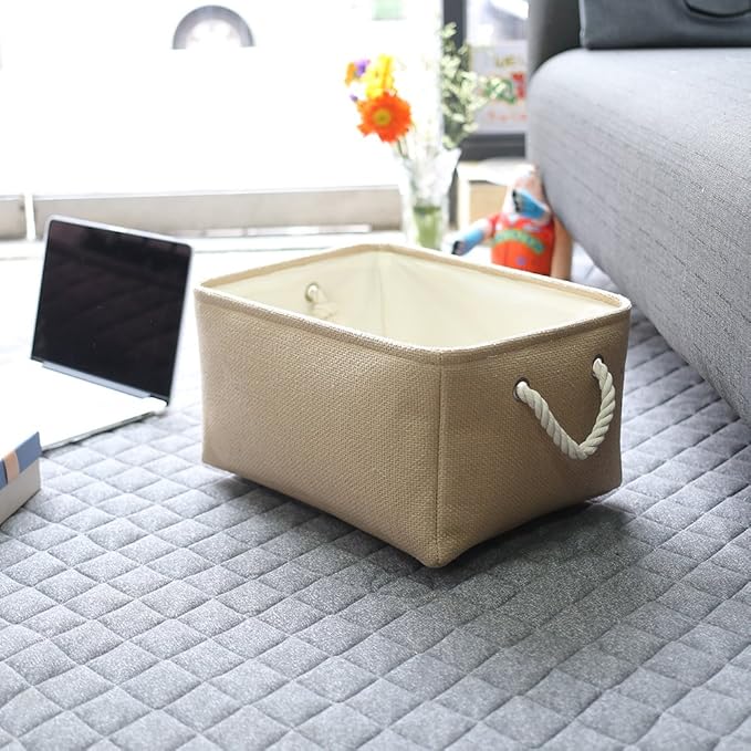 TheWarmHome Decorative Basket Rectangular Small Storage Basket Fabric Storage Bin Organizer Basket with Handles for Clothes Storage (Beige, 11.8L×7.9W×5.2H inch)