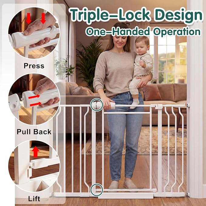 Triple Lock Clear Acrylic Baby Gate 29.5"-57.5, Extra Wide Auto Close Dog Gate for Doorways, Pressure Mount Indoor Child Safety Barrier for Toddlers and Pets, White