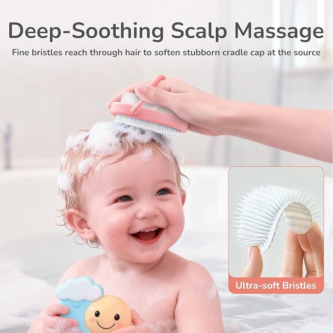 3-in-1 Baby Cradle Cap Brush kit, Soft Baby Brush, Curved Comb & Bath Sponge | BPA-Free Cradle Cap Treatment Set for Newborns, Infants Dry Skin Flakes Removal, Pink