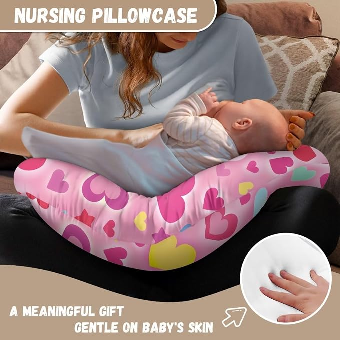 Love Heart Pink Feeding Pillow Cover Cozy Nursing Slipcover Soft Breastfeeding Pillow Slipcover Skin-Friendly U-Shaped Hidden Zipper Design