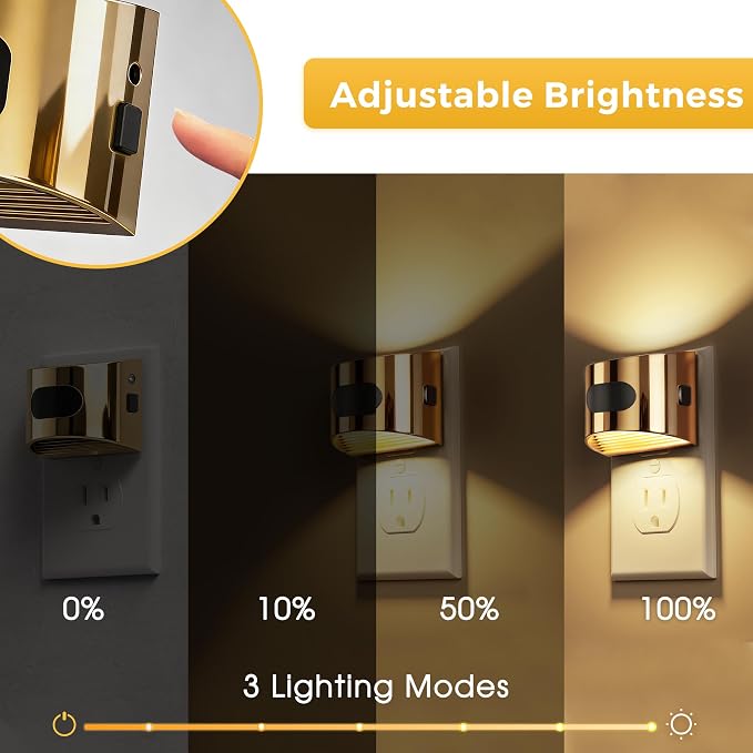 L LOHAS LED Motion Sensor Night Light, Dusk to Dawn & Motion Activated LED Night Light, Night Lights Plug into Wall with Adjustable Brightness, 3000K Soft White, Gold, 2 Pack