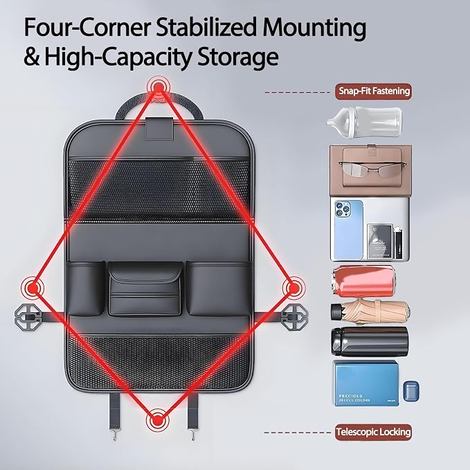 Leather Car Seat Back Organizer with Foldable Tray Table, Backseat Car Organizer with Tablet Pocket, Cup Holders, Tissue Pocket, Mesh Pockets, Kick Mat, Black, 1 Pack