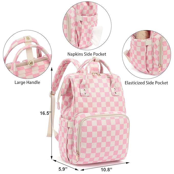 Baby Diaper Bag Backpack for Mom, Large Capacity Travel Nappy Bag for Boys & Girls with Stroller Straps (Corduroy Checkered Pink)