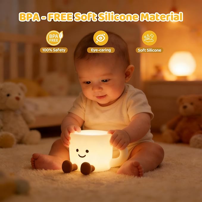 Cute Cup Night Light 3 Level Dimmable Timer 7 Colors Nightlight Cute Lamps Silicone Squishy Light Up Rechargeable Bedside Animal Touch Lamp for Breastfeeding Desk Dorm Decor Birthday Gift