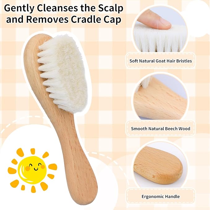 Personalized Baby Hair Brush & Comb Set with Soft Goat Bristles,Custom Laser Engraved Name,Newborn Grooming Kit with Birth Flower Gift Box (June)