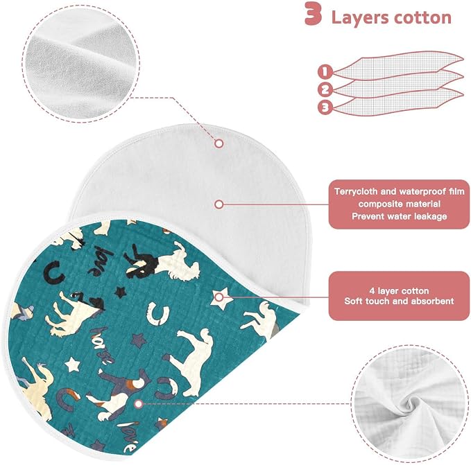 Horse Pattern Star Horseshoes Letter Muslin Burp Cloths for Baby 2 Pack 100% Cotton Baby Washcloths Bibs for Boy Girl