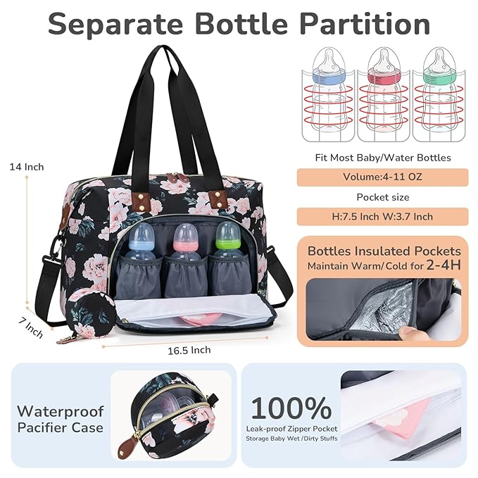 Tenot Diaper Bag Tote with Pacifier Case, Baby Bag for Women with Shoulder Straps, Travel Diaper Tote for for Mom and Dad Black Pink Floral