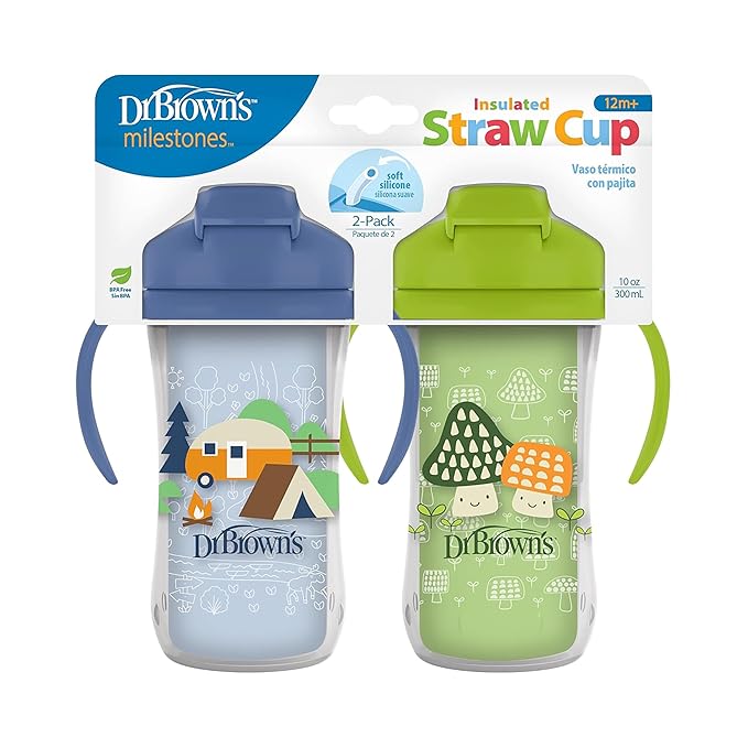 Dr. Brown's Milestones Insulated Sippy Cup with Straw and Handles, Spill-Proof Tumbler with Lid, 2-Pack, Blue & Green, 10 oz/300 mL, BPA Free, 12m+