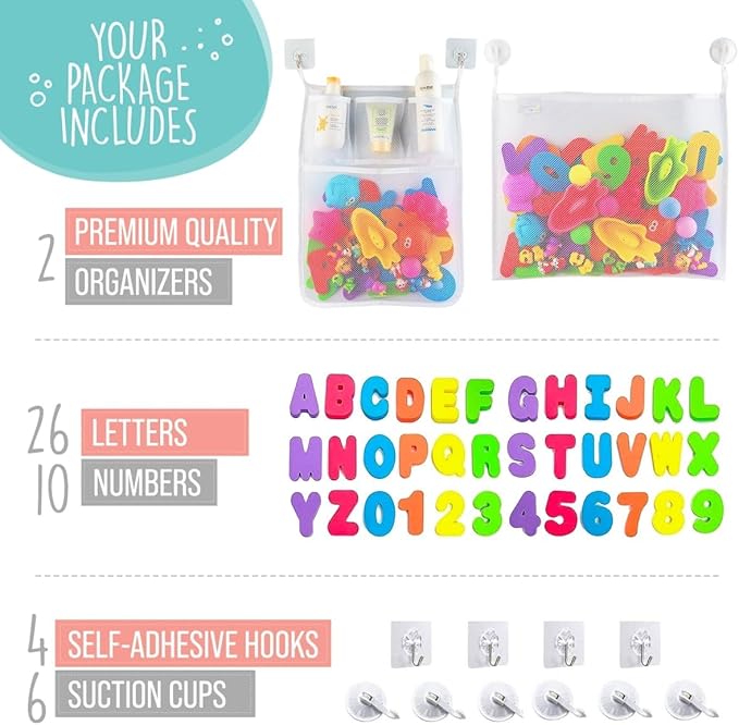 Comfylife 2 x Mesh Bath Toy Organizer + 6 Ultra Strong Hooks + 36 Bath Letters & Numbers ??Eco-Safe, Fun, Educational Foam Letters and Perfect Toy Storage Net for Baby Bath Toys & More