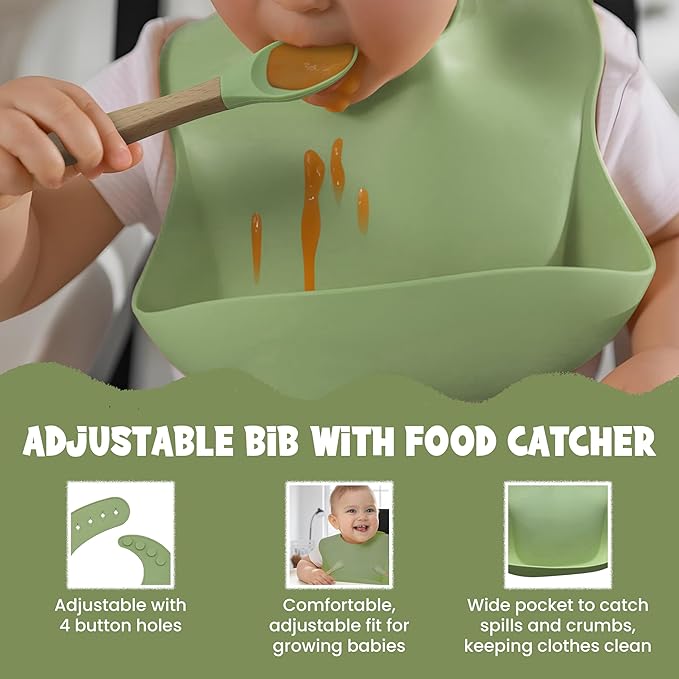 Baby Feeding Essentials, Baby Led Weaning Supplies, Silicone Baby Feeding Set, with Baby Spoon, Fork, Baby Bib, Sippy Cup, Suction Plate, Suction Bowl, Baby Eating Essentials, 6+ Months (Olive)