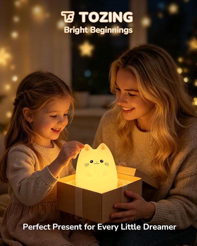 Night Light for Kids, LED Cat Squishy Animal Lamp for Baby, Soft Silicone Dimmable Bedside Touch Light with Timer, Battery Rechargeable Nightlight Girls Gifts Cute Room Decor