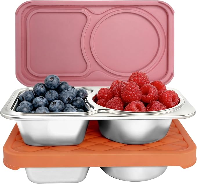 2 Pack Stainless Steel Snack Containers, 2 Compartment Snack Container with Silicone Lids, Easy Open Leak Proof Reusable Metal Toddler Snack Containers for Daycare (Orange, pink)