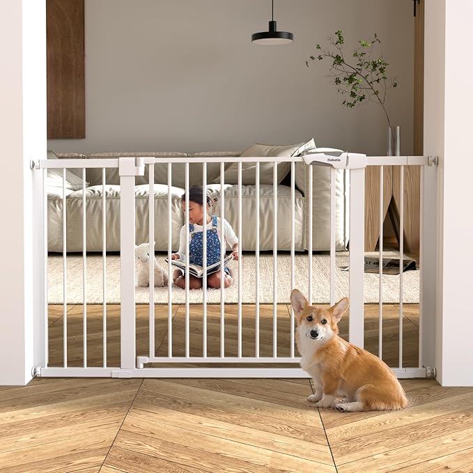 Babelio 36-57" Extra Wide Baby/Dog Gate, Auto Close with Large Walk Thru Door,Safety for Pet, House, Stairs and Doorways, Pressure Mounted for Chlid, White