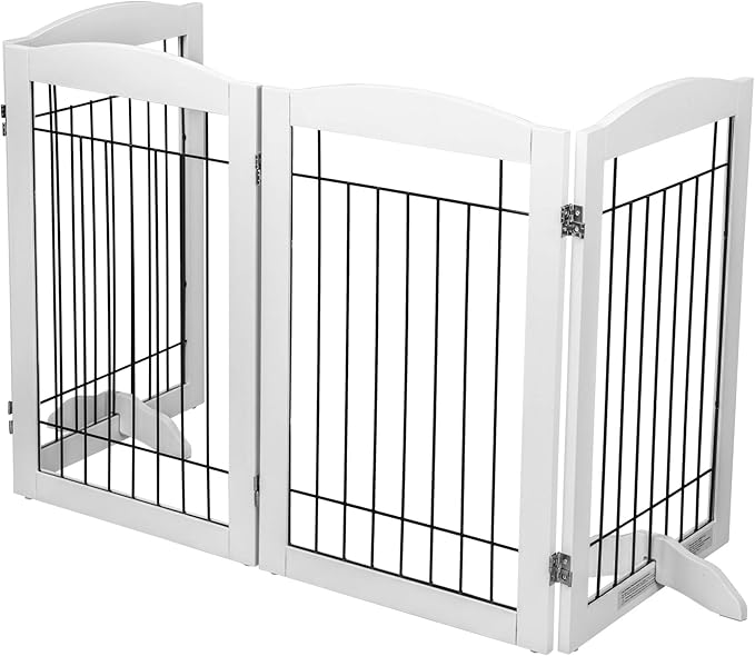 Spirich Free Standing Foldable Wire Pet Gate for Dogs, 80 inches Extra Wide, 30 inches Tall 4 Panels Dog Gate for the House, Doorway, Stairs, Pet Puppy Safety Fence,Set of Support Feet Included, White
