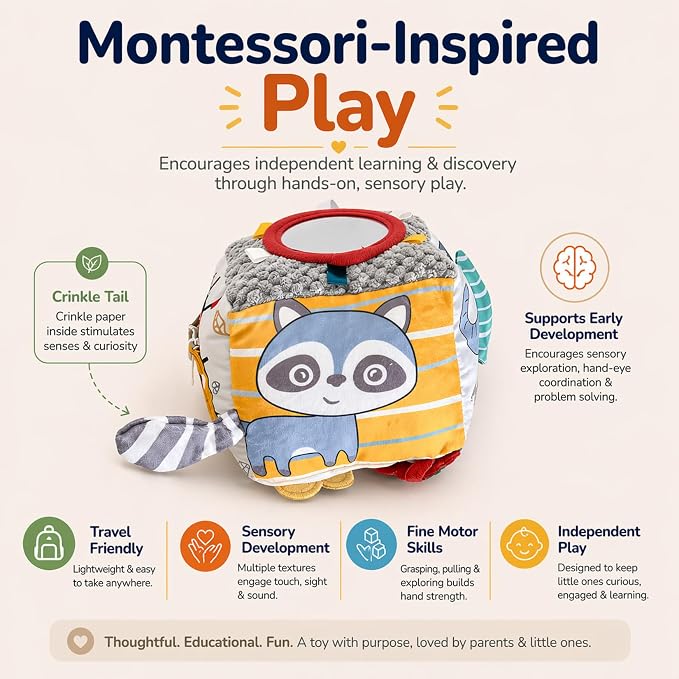 Baby Activity Cube Toy 8-in-1 for Babies 6-12 Months | Montessori Sensory Cube with Mirror, Teether, Crinkle Textures & Fine Motor Activities | Soft Busy Cube Toy for Toddler