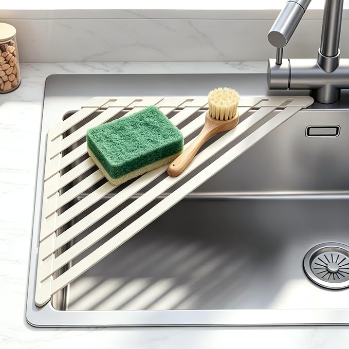 Sink Corner Drying Rack - Foldable Triangular Sink Sponge Holder, Dish Drying Rack Over the Sink, Kitchen Sink Accessories (White, 19.69" x 12.2")