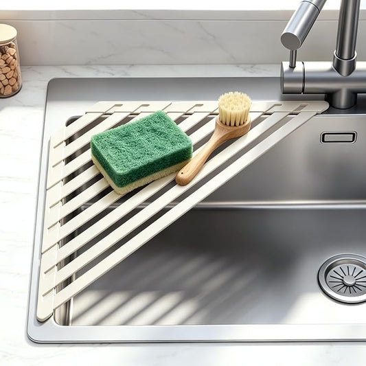 Sink Corner Drying Rack - Foldable Triangular Sink Sponge Holder, Dish Drying Rack Over the Sink, Kitchen Sink Accessories (White, 19.69" x 12.2")