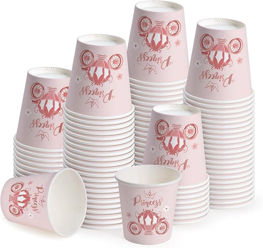 WRAPAHOLIC 3oz Paper Cups - 100 Pack Disposable Bathroom Cups with Pink Princess Design, Small Mouthwash Cup for Toothbrush Rinse, Home Bathroom, Picnic, BBQ, Travel and Baby Girl Party