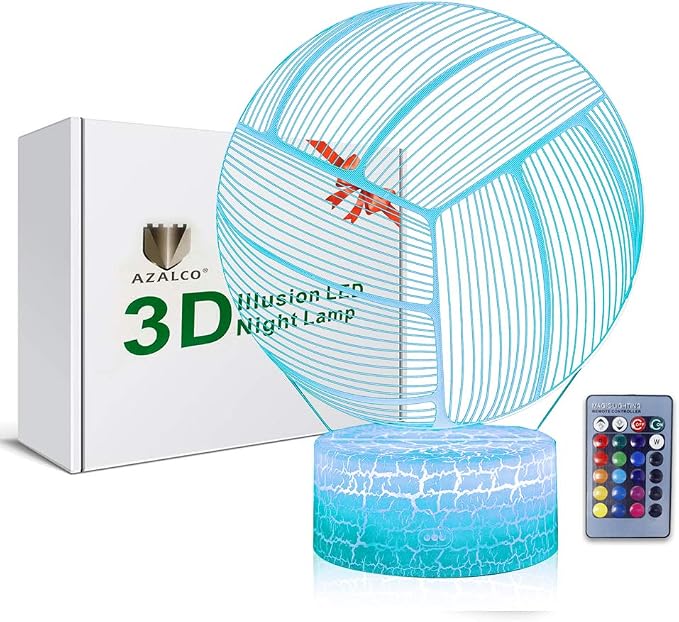 Volleyball 3D Illusion Night Light,16 Colors Changing Touch Switch & Remote Control,Acrylic Flat & ABS White Crack Base &USB Cable Table Lamp