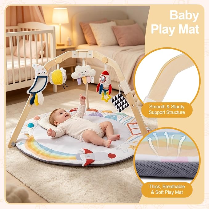 Baby Play Gym Activity Mat with Multiple Developmental Zones, Stage-Based Play for Infant Motor Skills, Detachable Sensory Toys, Easy to Install & Clean, Baby Essentials Shower Gift