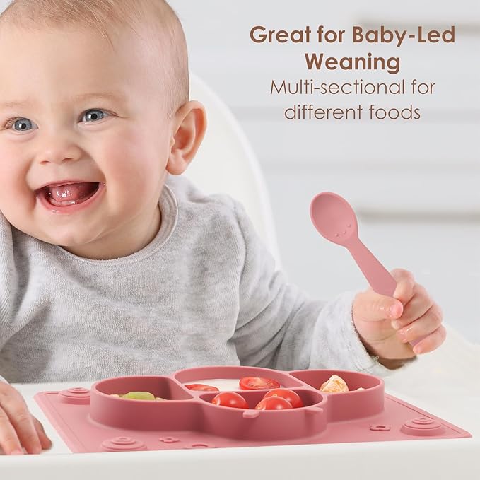 ROCCED Suction Plates for Baby Placemat Spoon Fork Set for Toddlers, Silicone Baby Plates with Suction Baby Dishes for Kids Plates-grey
