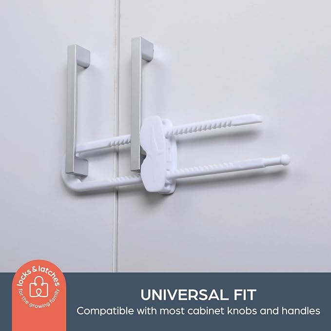 Dreambaby Sliding Cabinet Locks - Child Proof Cabinet Latches - For Kitchen, Bathroom Storage Doors Handles & Knobs - Suitable for Round & D-Shaped Handles - 3 Pack - White - Model L183