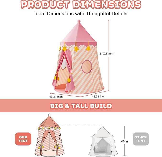 Hallo Deer Kids Play Tent, Princess Castle Pop Up Tent Kids with Star and Window, Portable Toddler Play Tent Indoor Outdoor, Playhouse Indoor Games for Boys & Girls Gifts (Strawberry Pink)