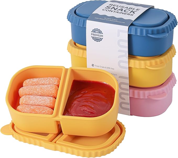 3 Pack Silicone Reusable Snack Containers with Lids - 8 oz Double Compartment Snackle Box for Kids & Adults, BPA-Free & Leakproof, Small for Dressing, Snacks, School, Office, Picnic