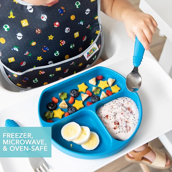 Bumkins Toddler and Baby Suction Plate, Silicone Divided Grip Dish for Babies and Kids, Baby Led Weaning, Children Feeding Supplies, Non Skid Bottom, Platinum Silicone, 6 Mos Up, Blue and Dark Blue