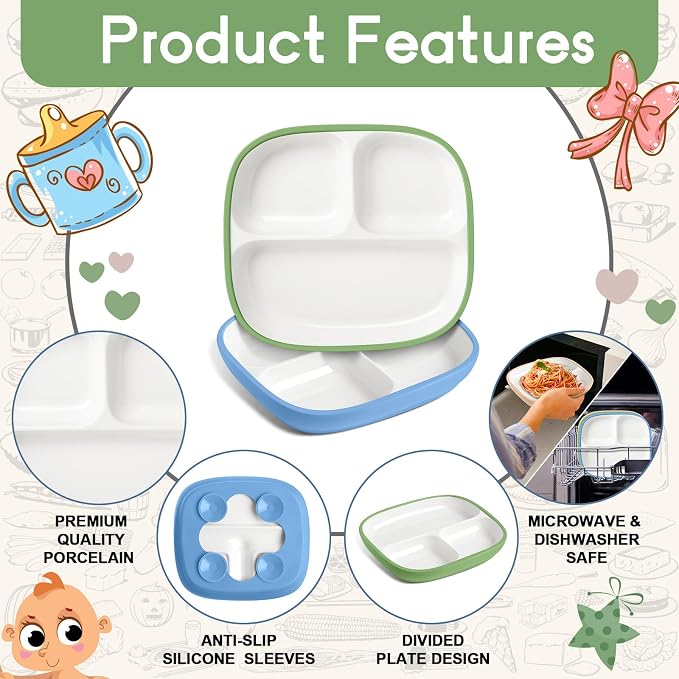 Domensi 3 Set Kids Porcelain Plates with Silicone Sleeves 8.2 Inch Divided Porcelain Plate Toddler White Suction Dishes for Baby Troubleless Eating Microwave Dishwasher Safe (Vivid)