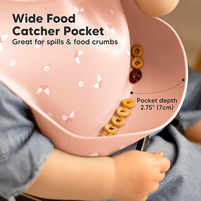 KeaBabies 2-Pack Silicone Bibs for Babies, Toddlers Girl, Boy ??Sturdy Food-Grade Baby Bibs for Eating, Large Food Catcher, Clean & Put On Easily, Waterproof Toddler Feeding Essentials (Butterflies)