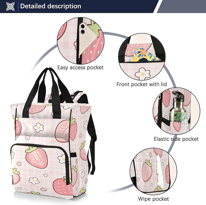 Personalized Sliced Strawberry Pink Plaid Diaper Bag Travel Large Cap Mom Dad