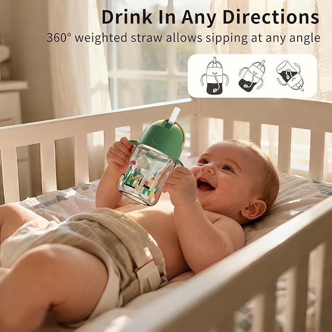 Evorie Tritan Weighted Straw Sippy Cup with Handles for Baby and Toddlers, Spill Proof Baby Water Bottle with Straw for 6 Months and up, 7 Oz, Infant Training Water Bottle (Green Explore)