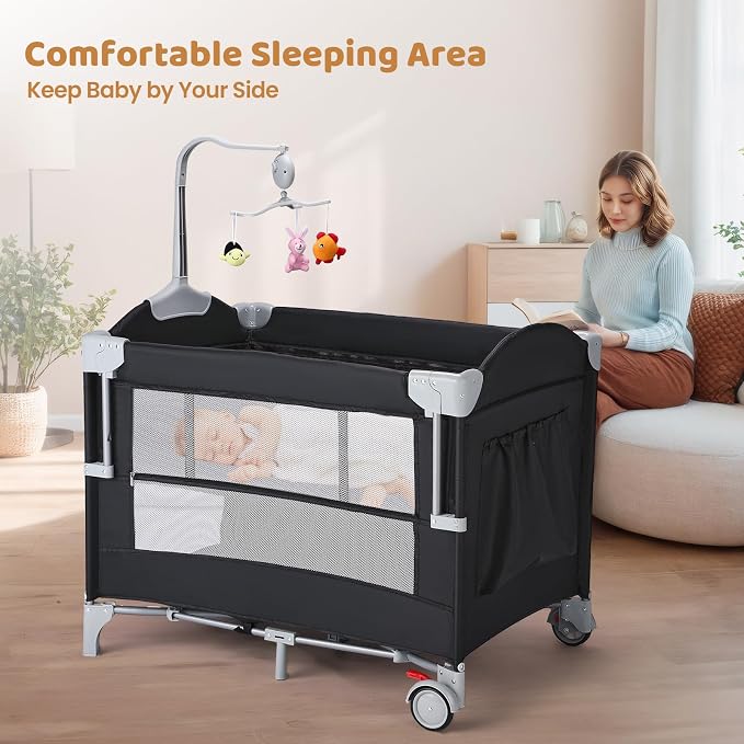 JOYMOR 5-in-1 Pack and Play with Bassinet and Changing Table, Lightweight Travel Crib, Foldable Baby Playard, Waterproof Changing Top, Carry Bag & Wheels